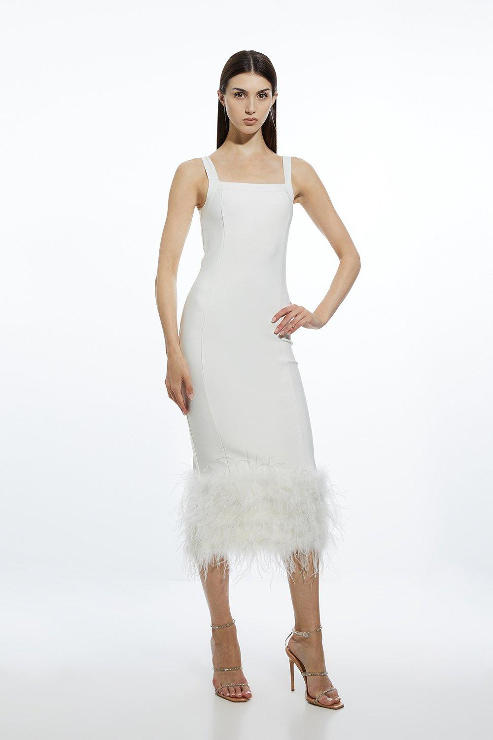 Figure Form Bandage Feather Hem Knit Midi Dress | Karen Millen