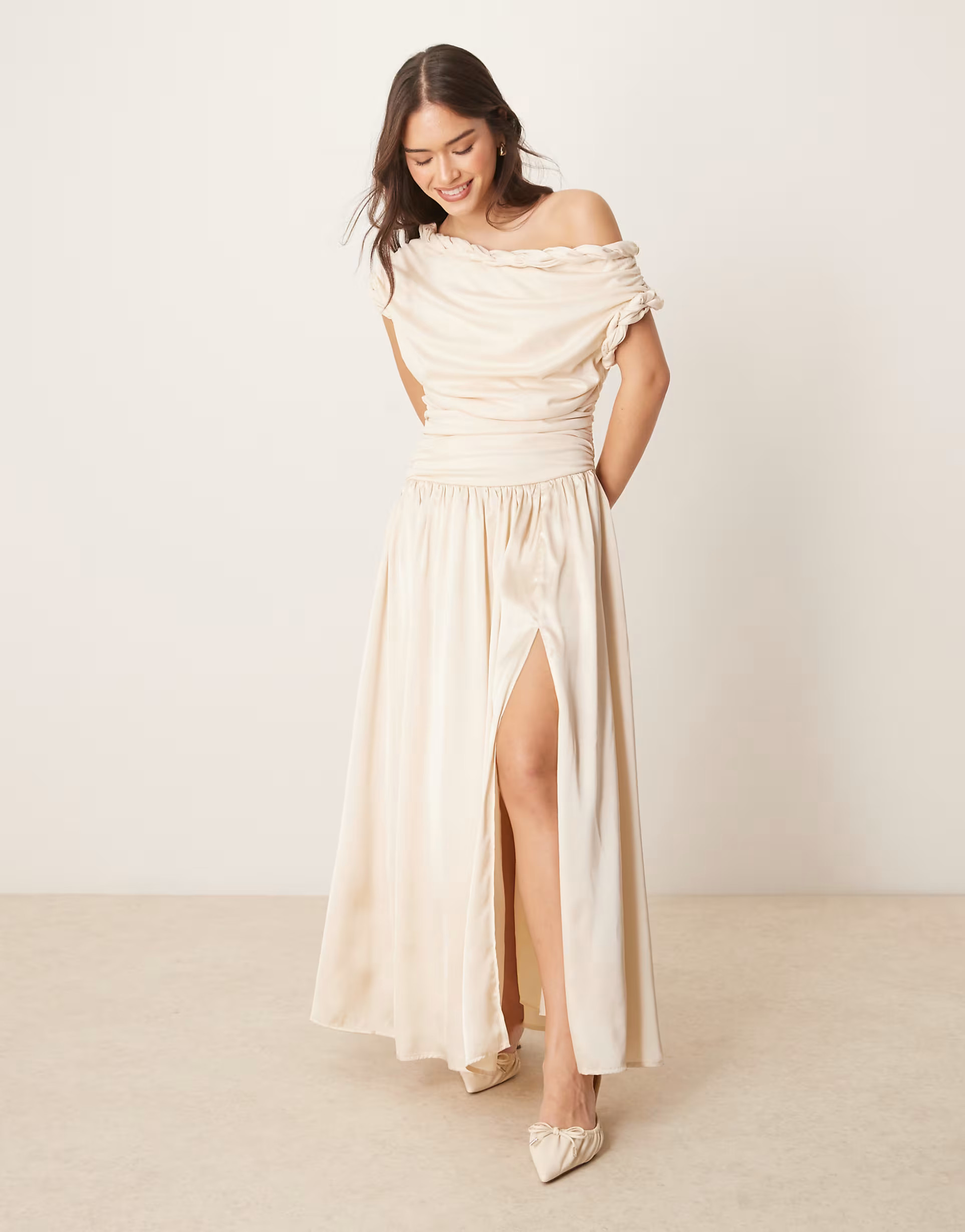 ASOS DESIGN twist neckline ruched bodice with satin skirt midi dress in cream